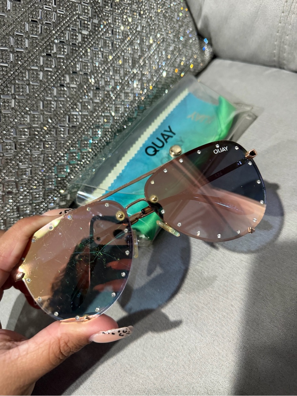 Quay Australia Women’s GOLD Gradient Rimless Sunglasses with Crystal Accents